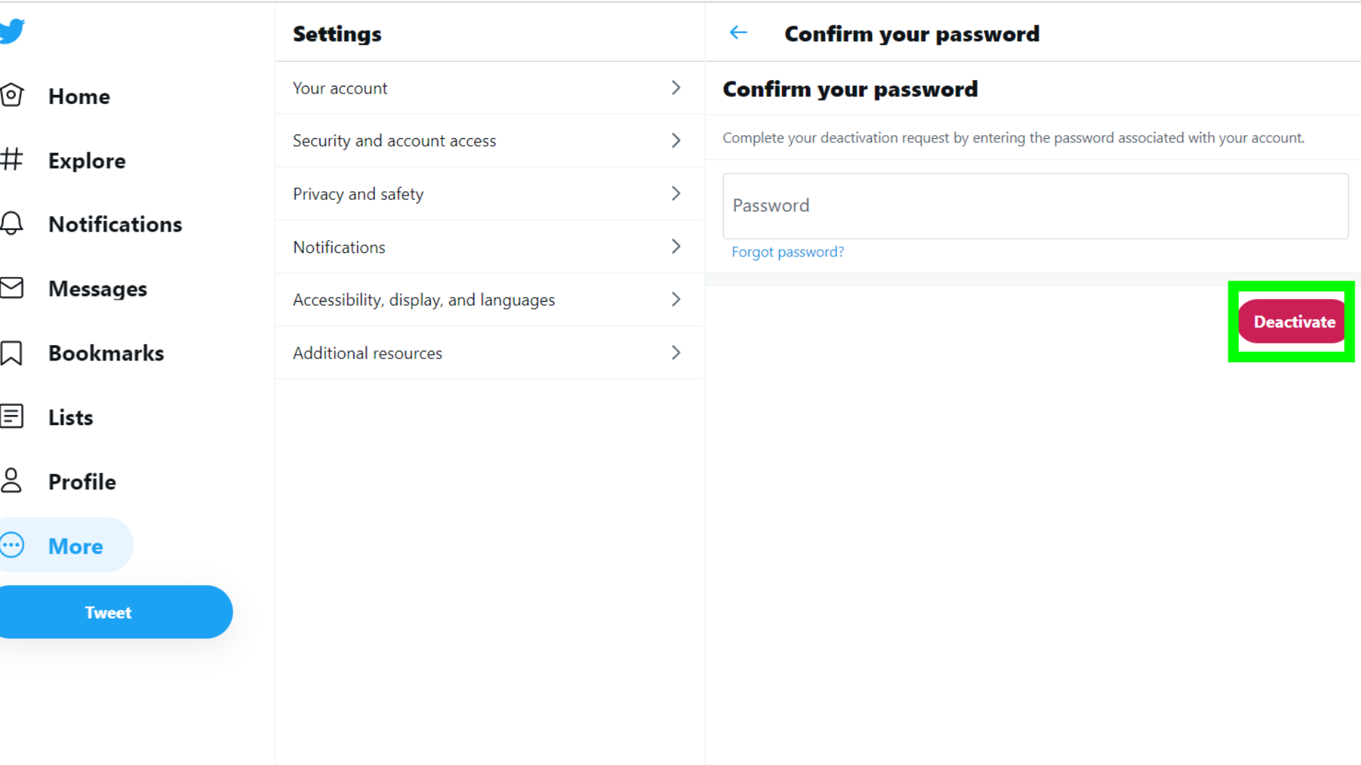 Twitter hesabı nasıl silinir - şifre giriş kutusu ve devre dışı bırakma düğmesi