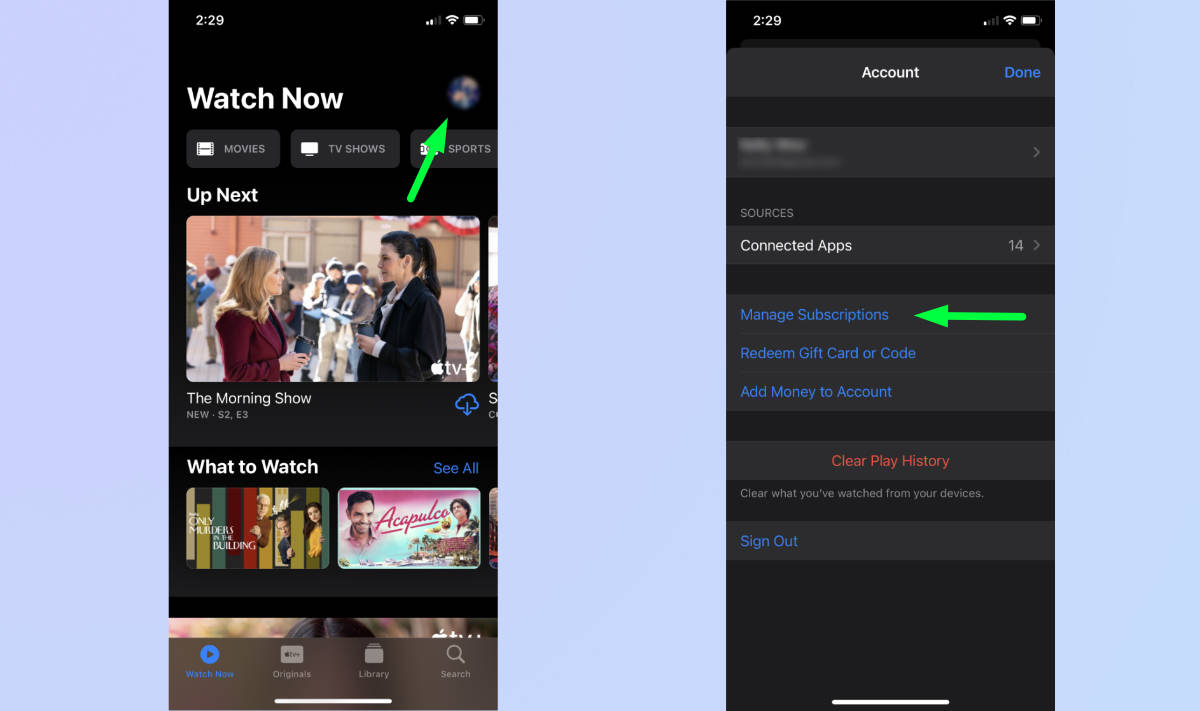 iPhone'da ana ekranı ve hesap ekranını gösteren Apple TV uygulaması