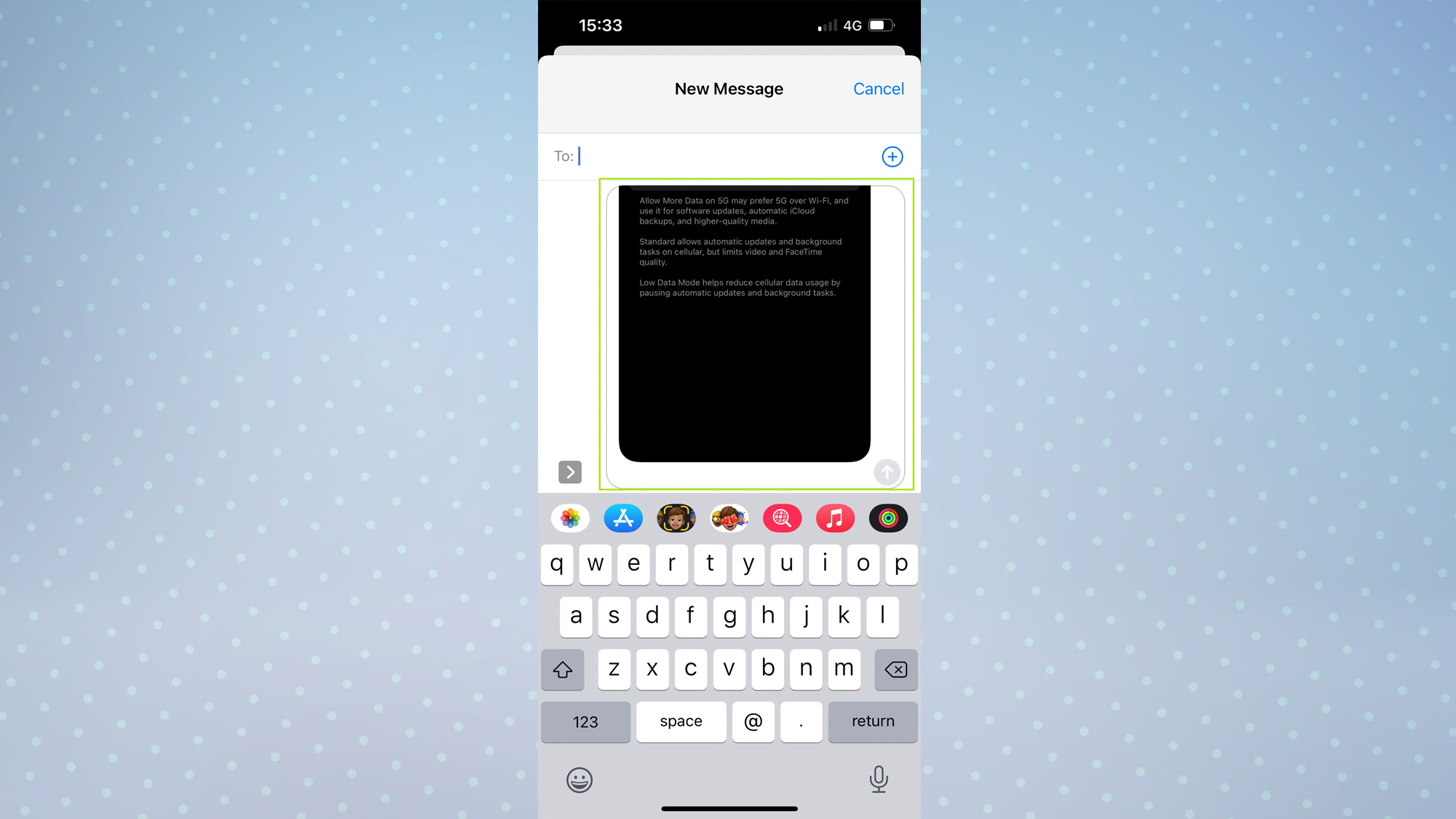 Metin alanında kopyalanan fotoğrafla iOS 15 Mesajlar uygulaması