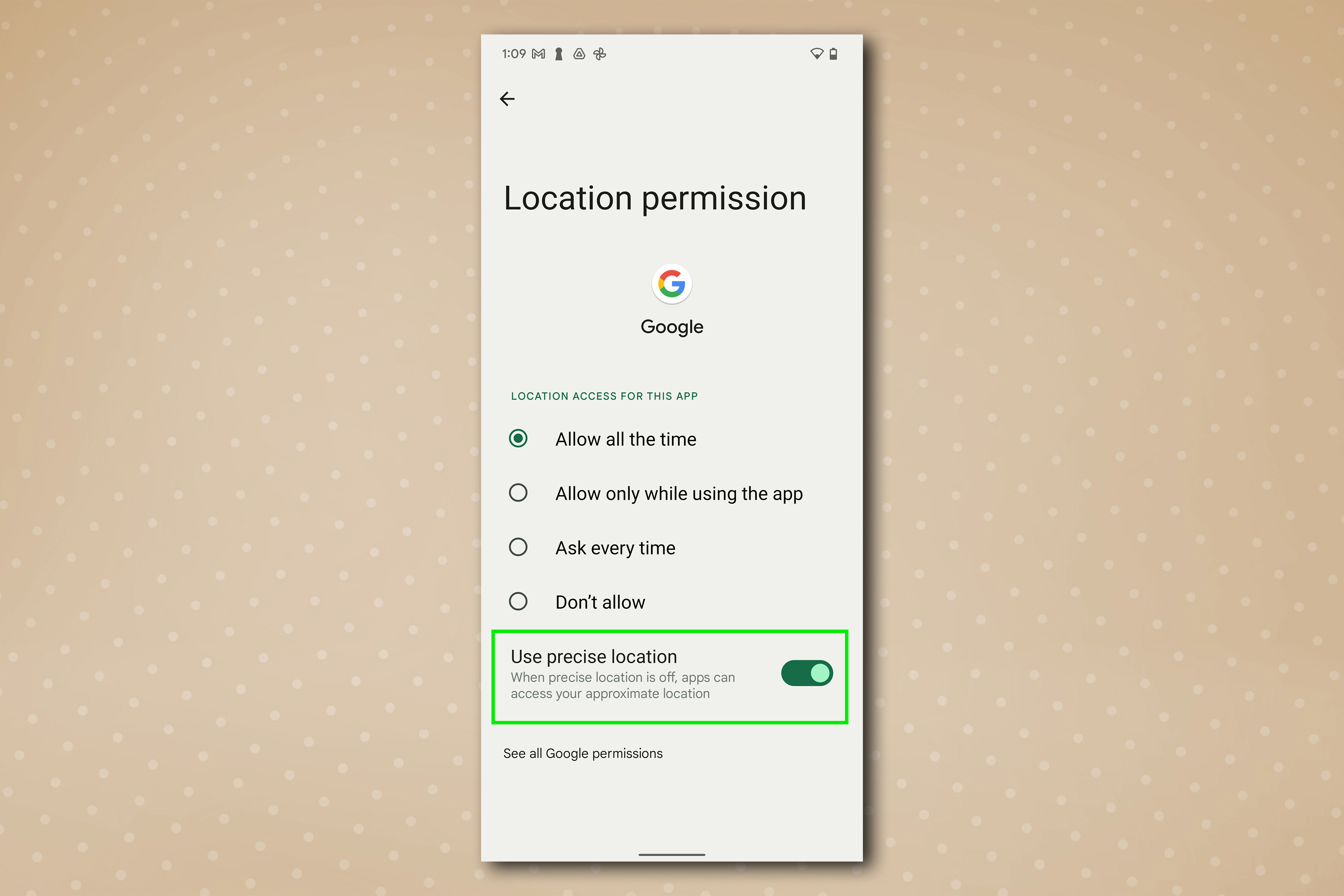 Bir Google Pixel'deki Android uygulaması konumları menüsü