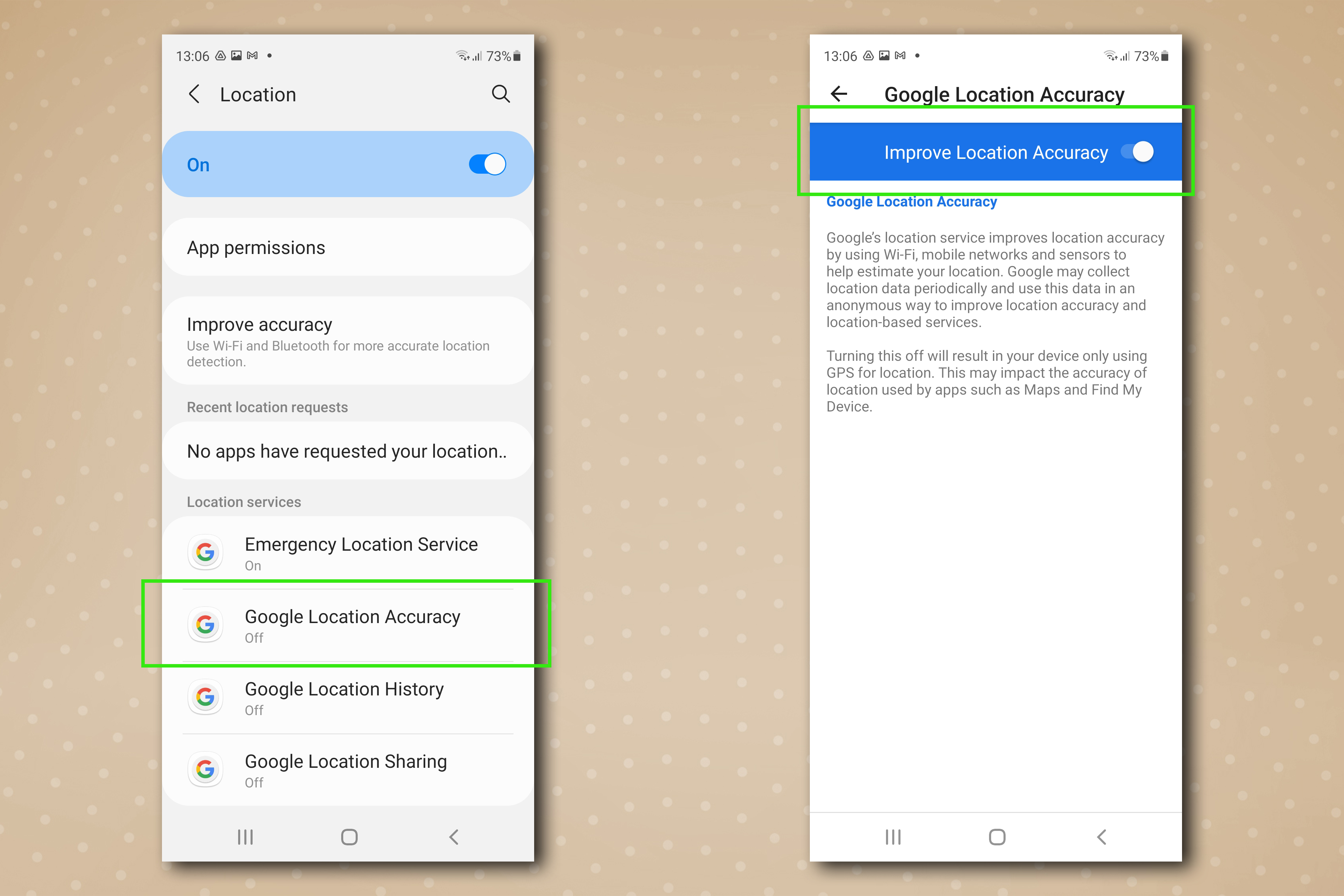Samsung'daki Android uygulama konumları menüsü