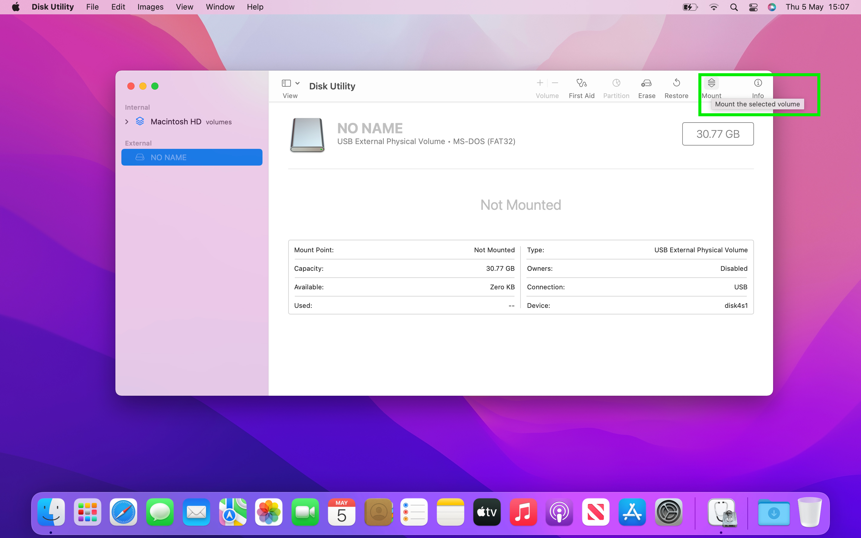 macOS-Festplattendienstprogramm, das zeigt, wie man eine unsichtbare externe Festplatte repariert