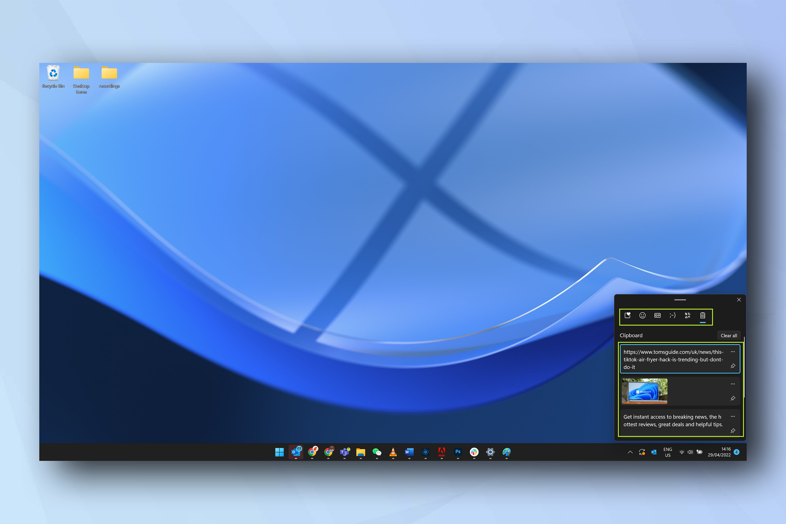 Windows'ta pano geçmişinin nasıl etkinleştirileceğini gösteren Windows 11 pano paneli