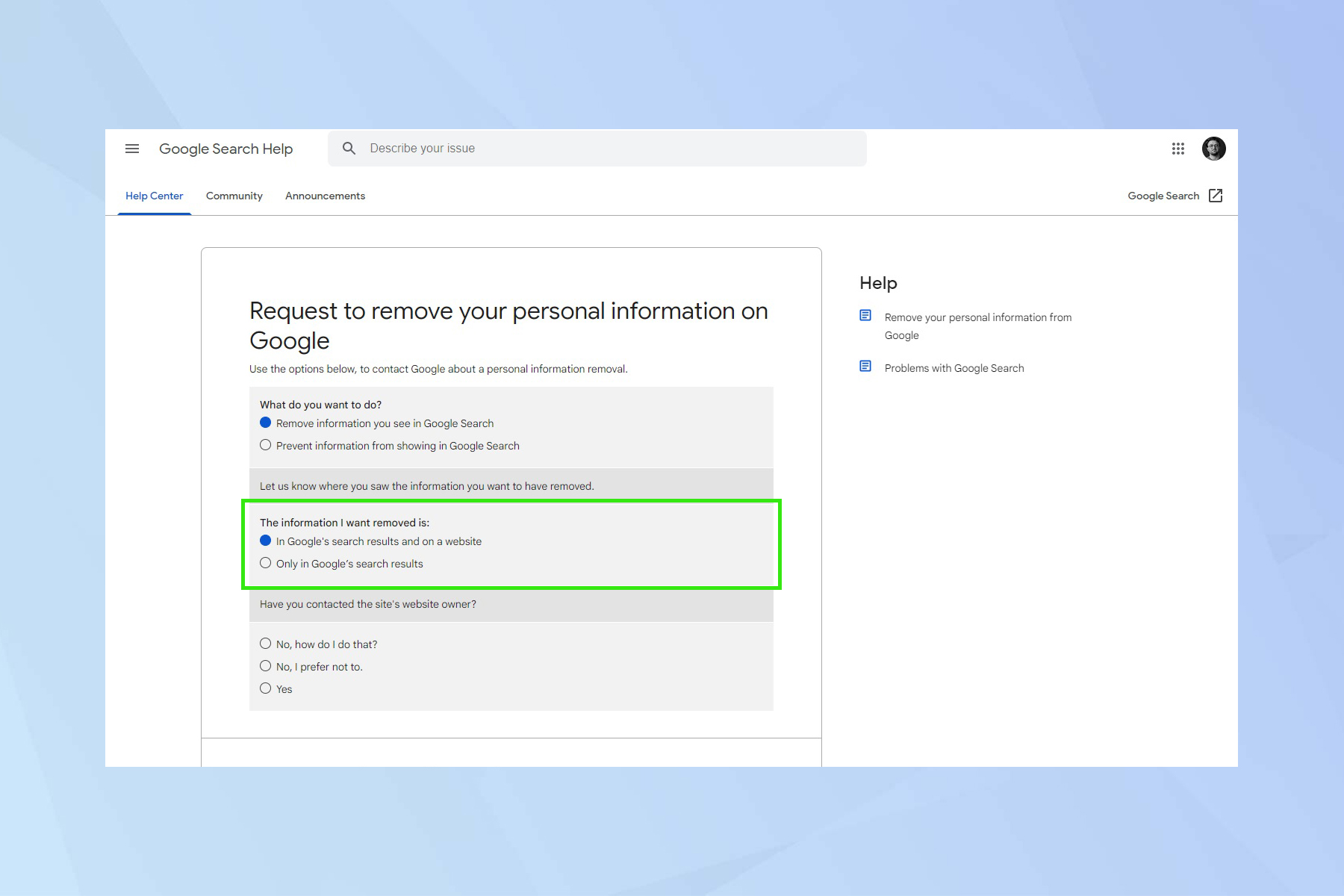 Google Arama kaldırma formunu gösteren bir ekran görüntüsü - Google Arama'dan iletişim bilgilerinin nasıl kaldırılacağını gösteren