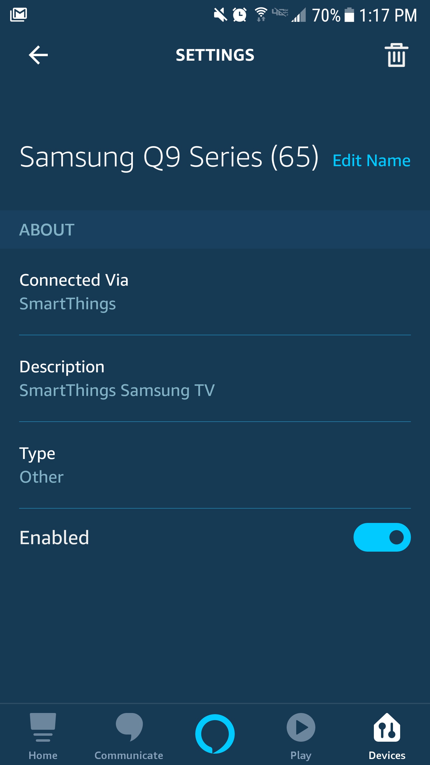 Samsung TV'yi Alexa'ya bağlayın - Amazon Alexa uygulaması cihaz menüsü