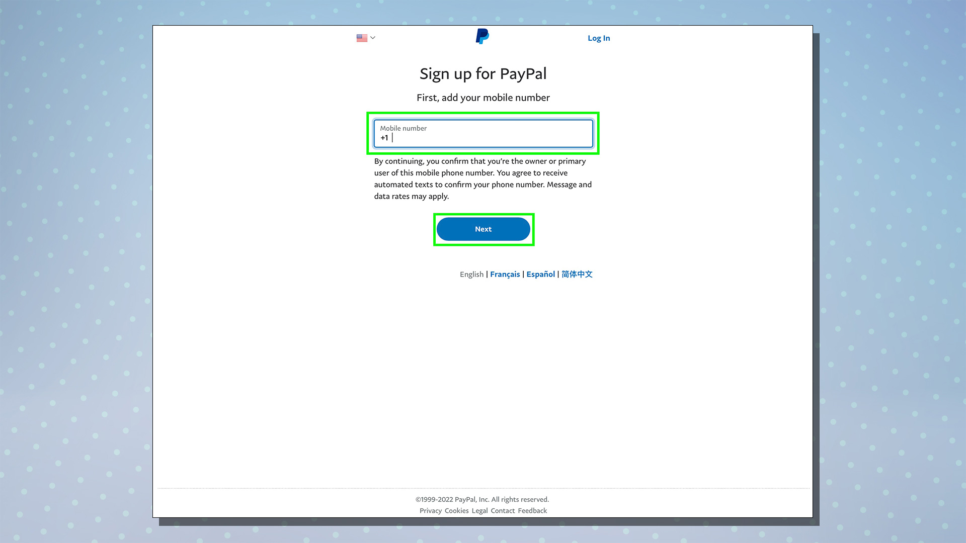 PayPal kurulum sürecini gösteren bir ekran görüntüsü.  Bu ekran cep telefonu numarası diyaloğunu gösterir