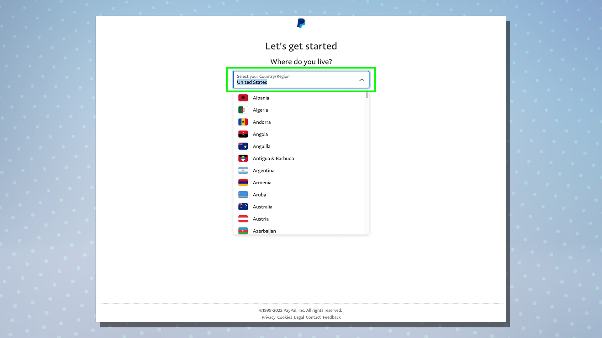 PayPal kurulum sürecini gösteren bir ekran görüntüsü.  Bu ekran ülke seçim seçeneklerini gösterir