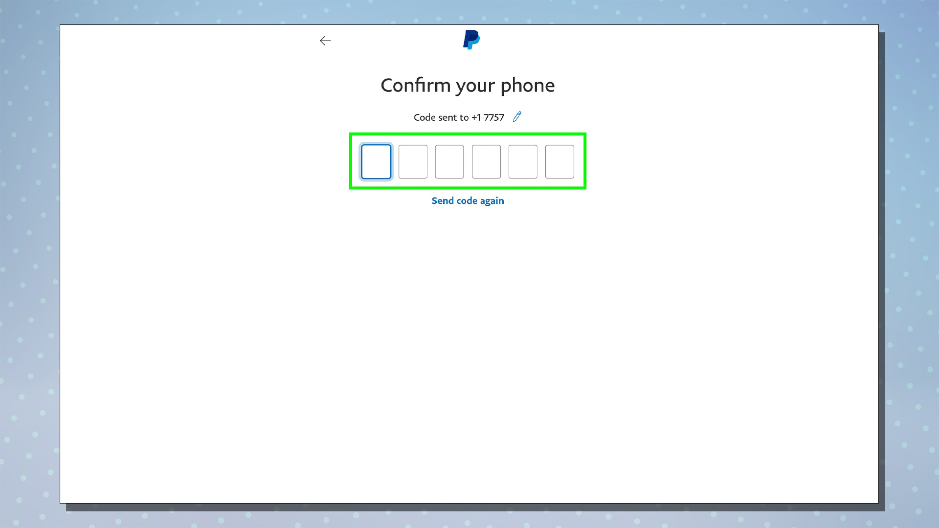 PayPal kurulum sürecini gösteren bir ekran görüntüsü.  Bu ekran, cep telefonu numarası onay kodunu gösterir.
