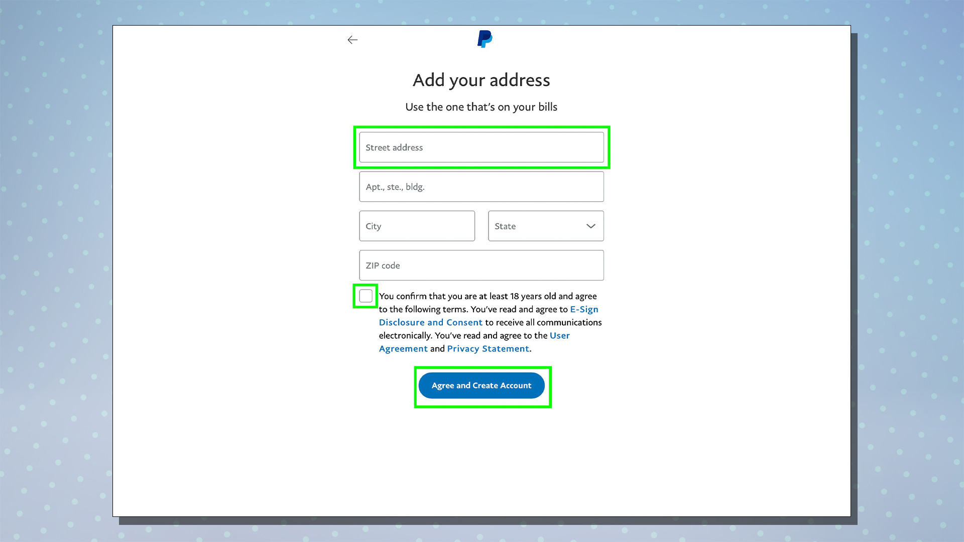 PayPal kurulum sürecini gösteren bir ekran görüntüsü.  Bu ekran adres seçeneklerini gösterir.