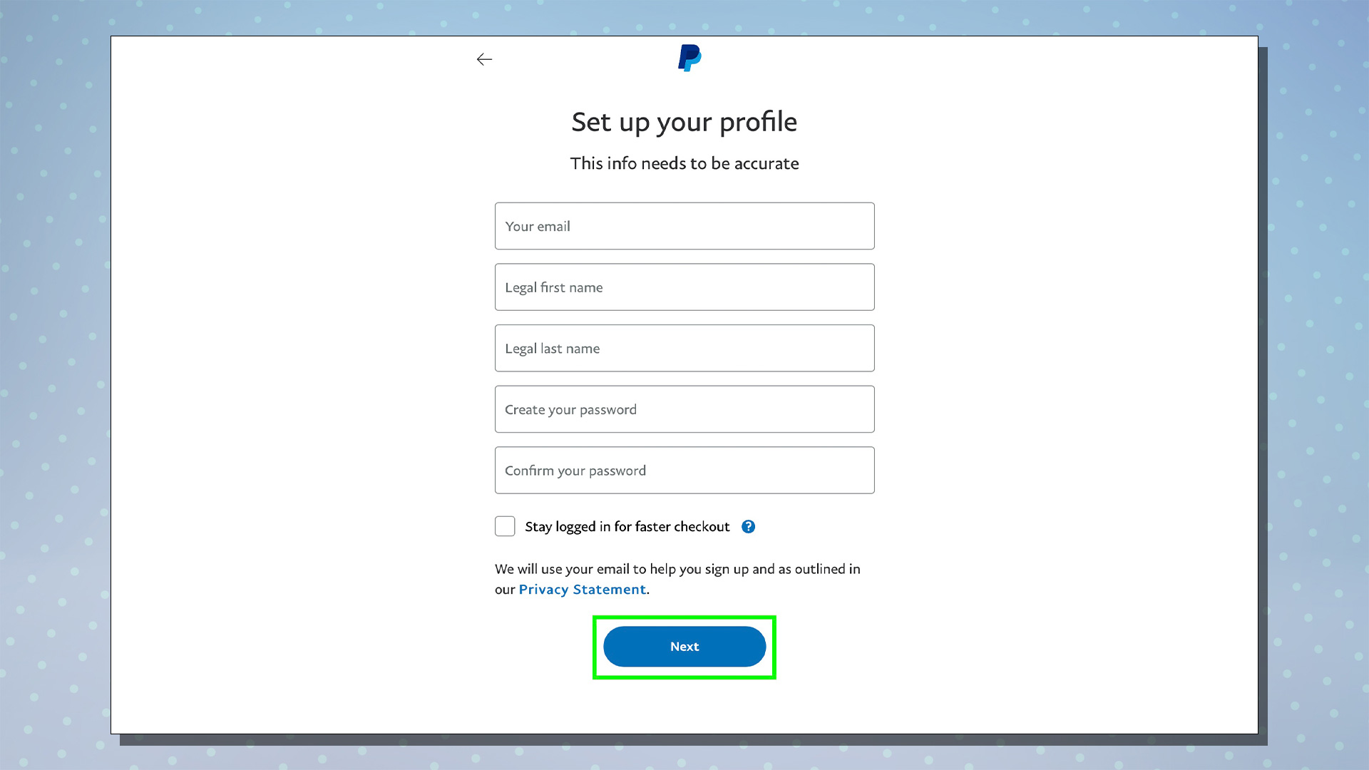 PayPal kurulum sürecini gösteren bir ekran görüntüsü.  Bu ekran, kullanıcı profili ekranını gösterir.