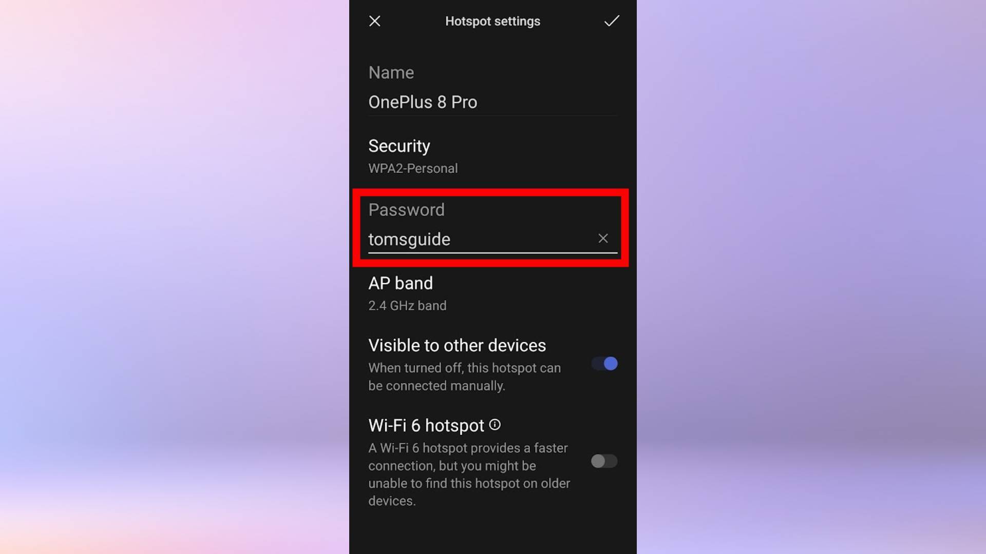Android'de bir Wi-Fi ortak erişim noktası şifresinin nasıl ayarlanacağını gösteren bir ekran görüntüsü