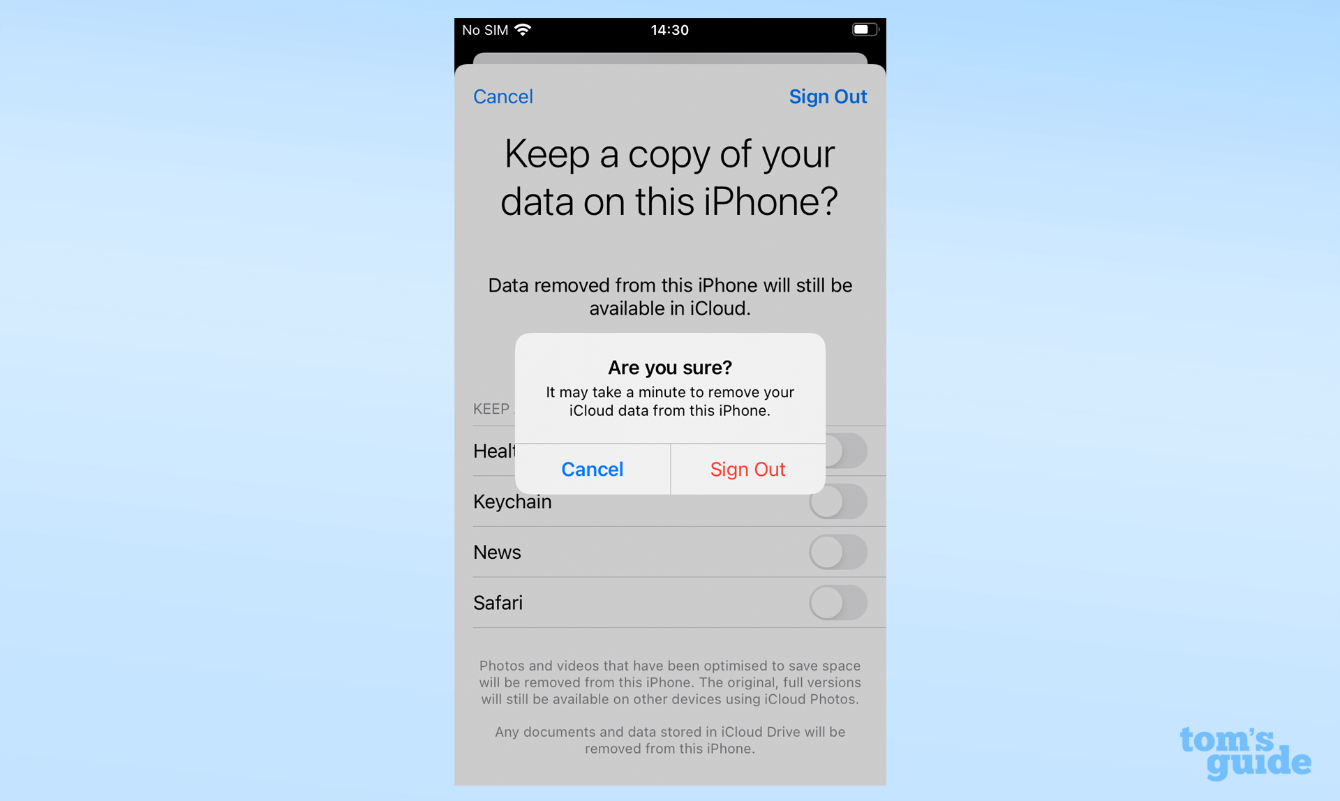 iOS ayarları uygulamasının, Apple Kimliği'nden çıkış yaparken son çıkış açılır penceresini gösteren ekran görüntüsü