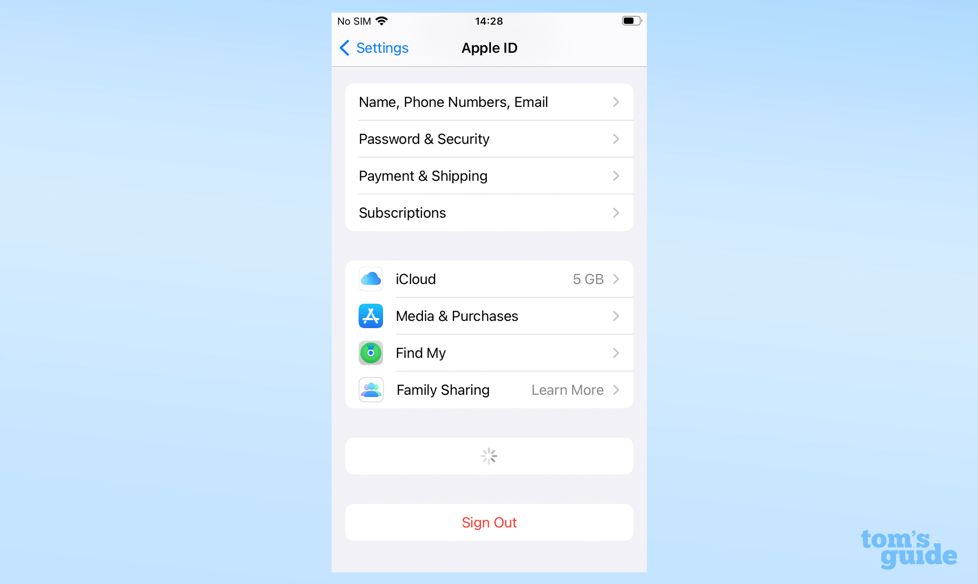 Apple Kimliği bölümünde Çıkış Yap seçeneğinin konumunu gösteren iOS ayarları uygulamasının ekran görüntüsü