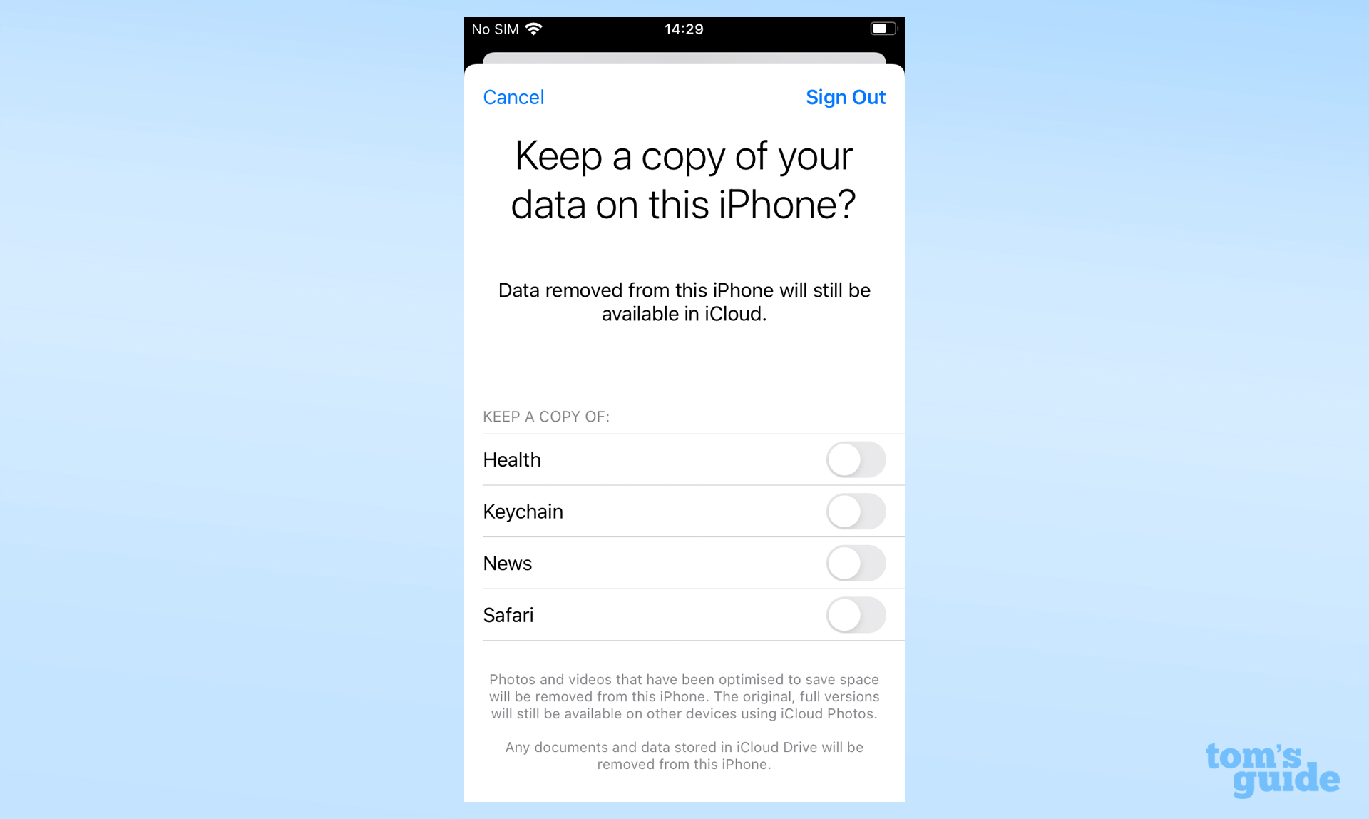 Bir Apple Kimliğinden çıkış yaparken kullanılabilen veri saklama seçeneklerini gösteren iOS ayarları uygulamasının ekran görüntüsü