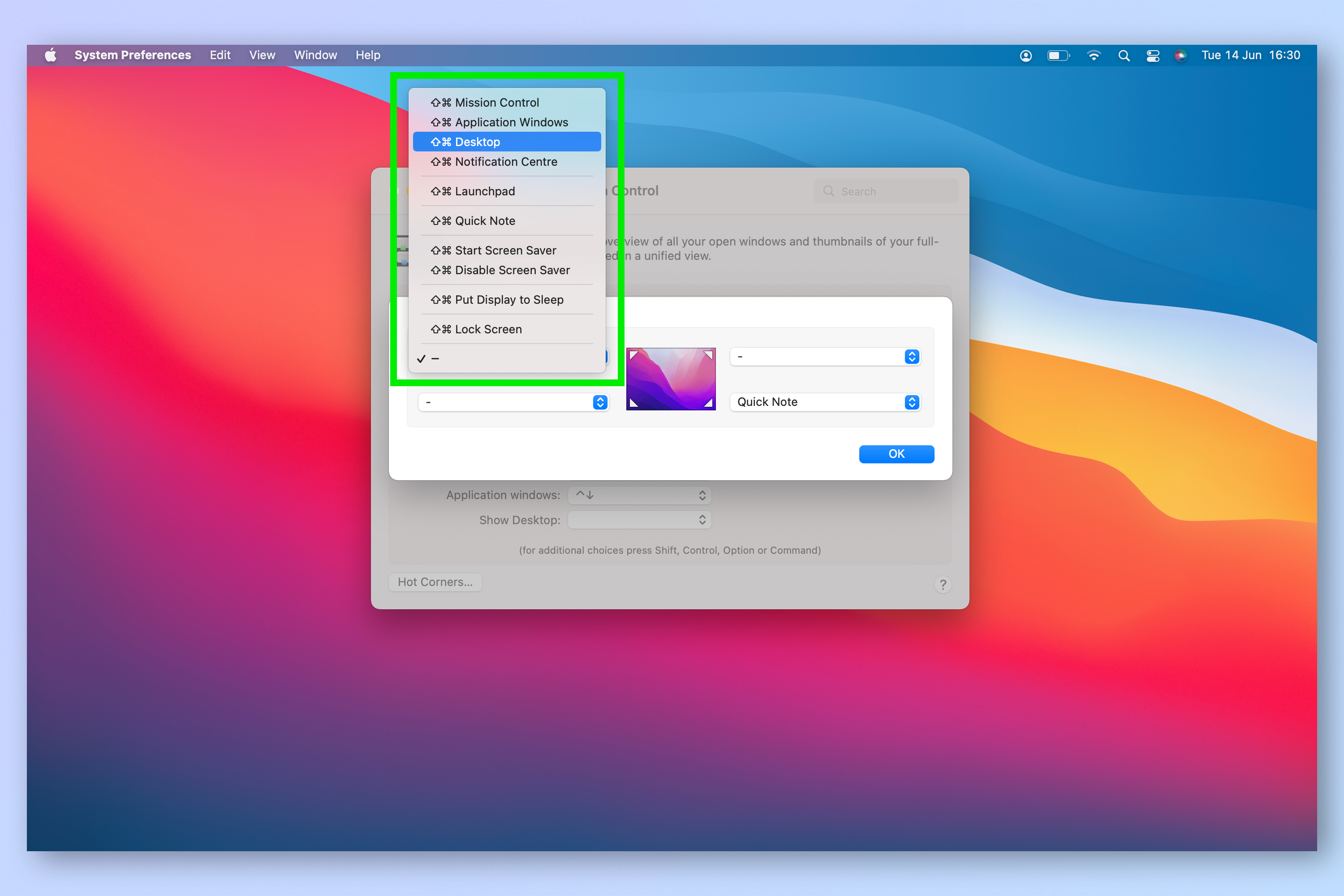 Mac'te sıcak köşeler ayarlamak için gereken adımları gösteren bir ekran görüntüsü