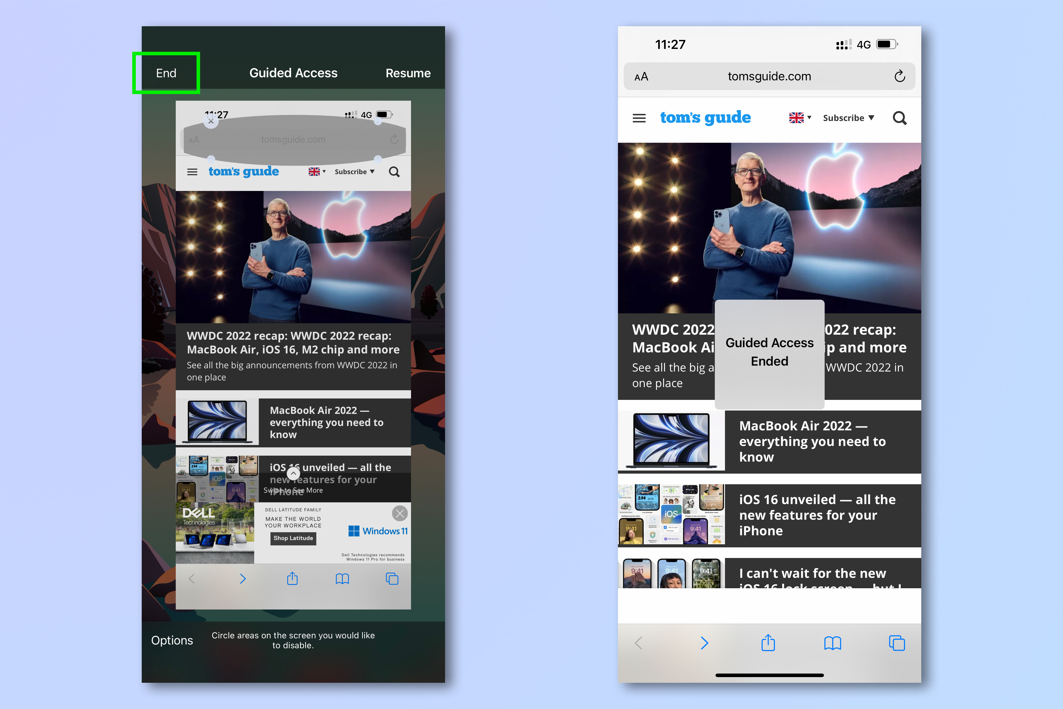 iPhone'da Kılavuzlu Erişim'i kurmak için gereken adımları gösteren ekran görüntüleri