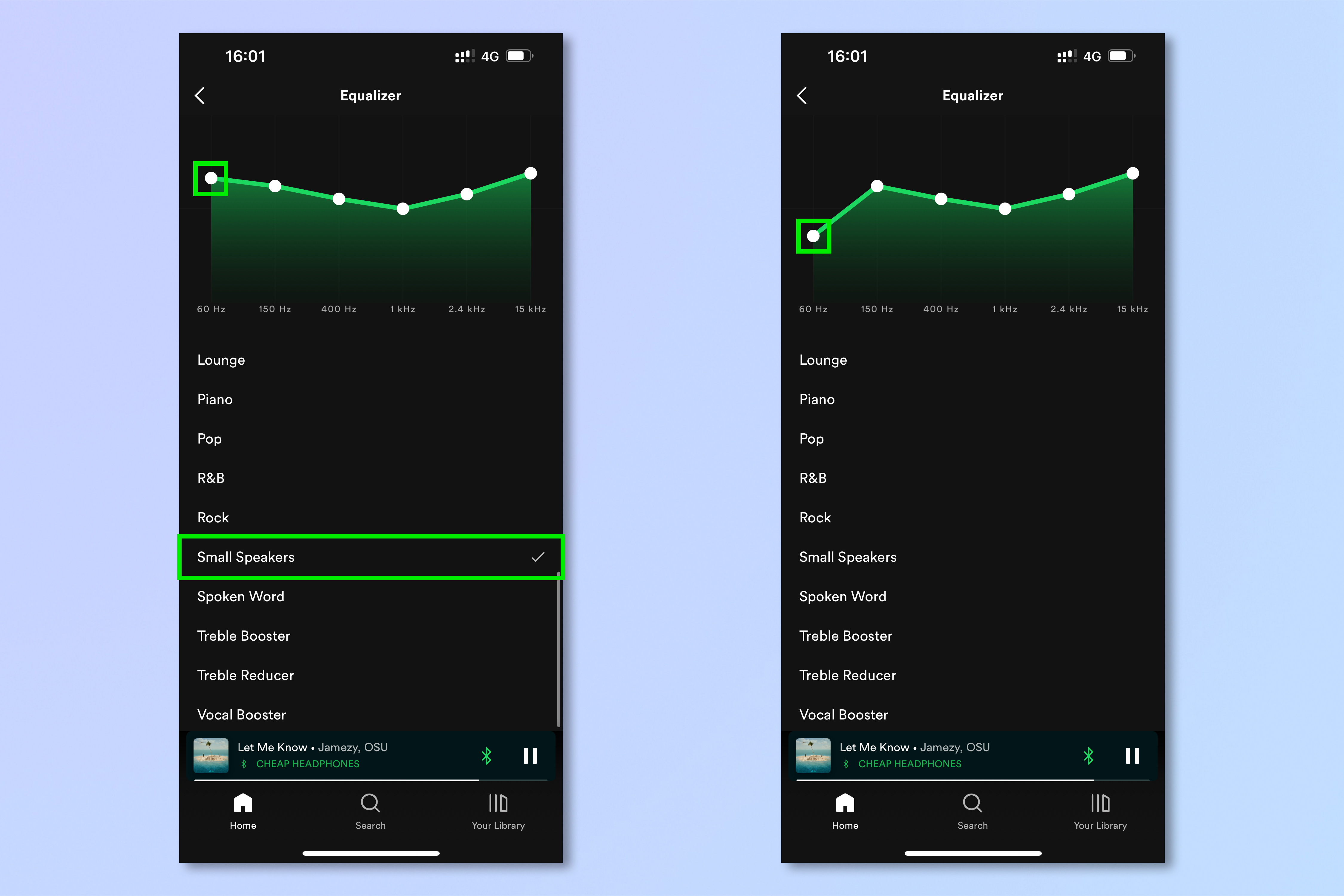Spotify ekolayzırını iOS ve Android'de kullanmak için gereken adımları gösteren ekran görüntüleri