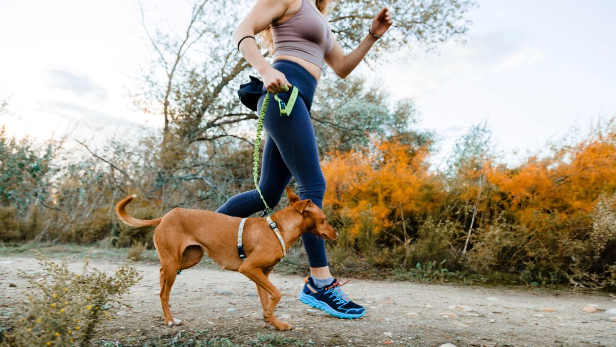 a photo of a woman running with her dog