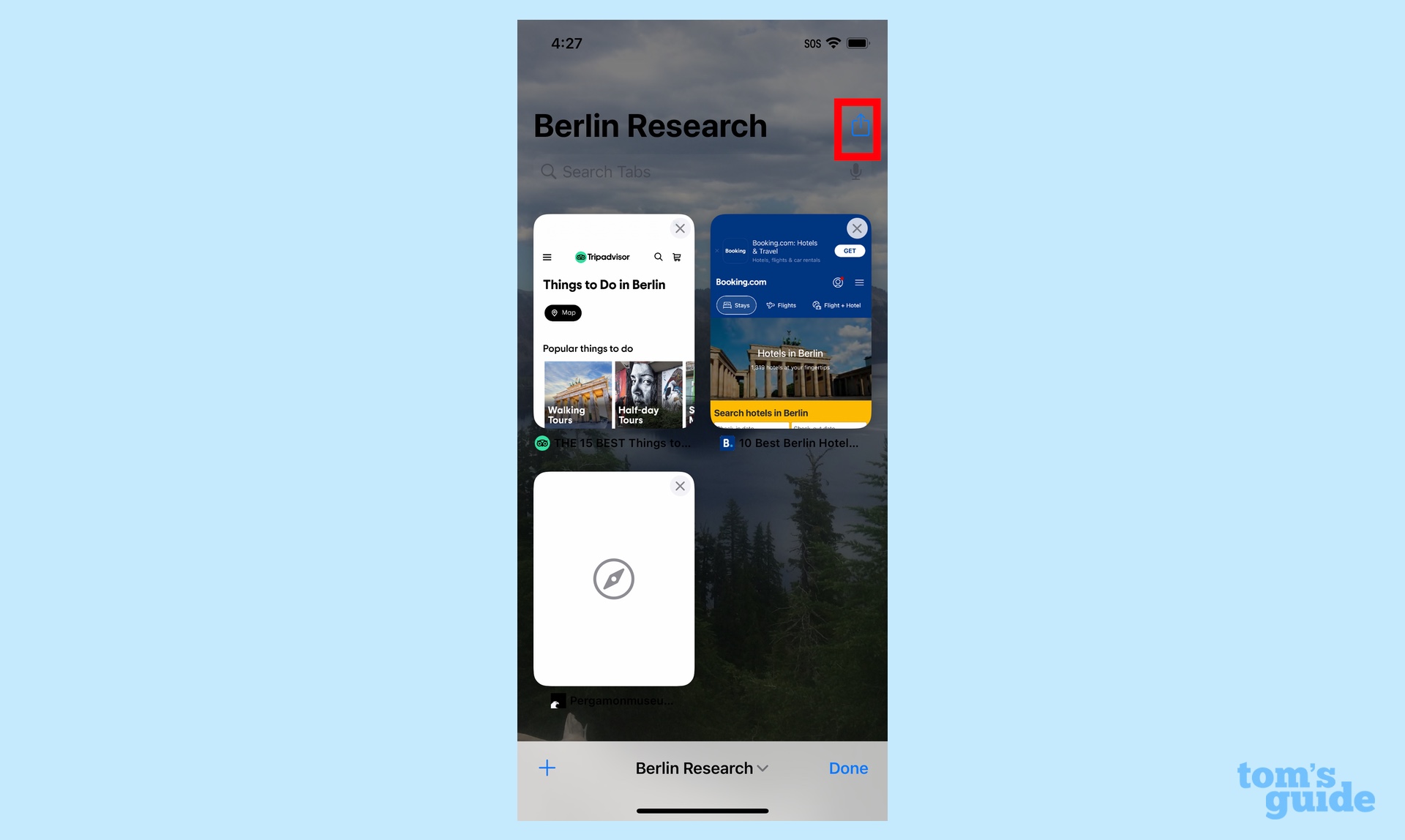 iOS 16 Safari'de Sekme Gruplarında Paylaş düğmesine dokunun