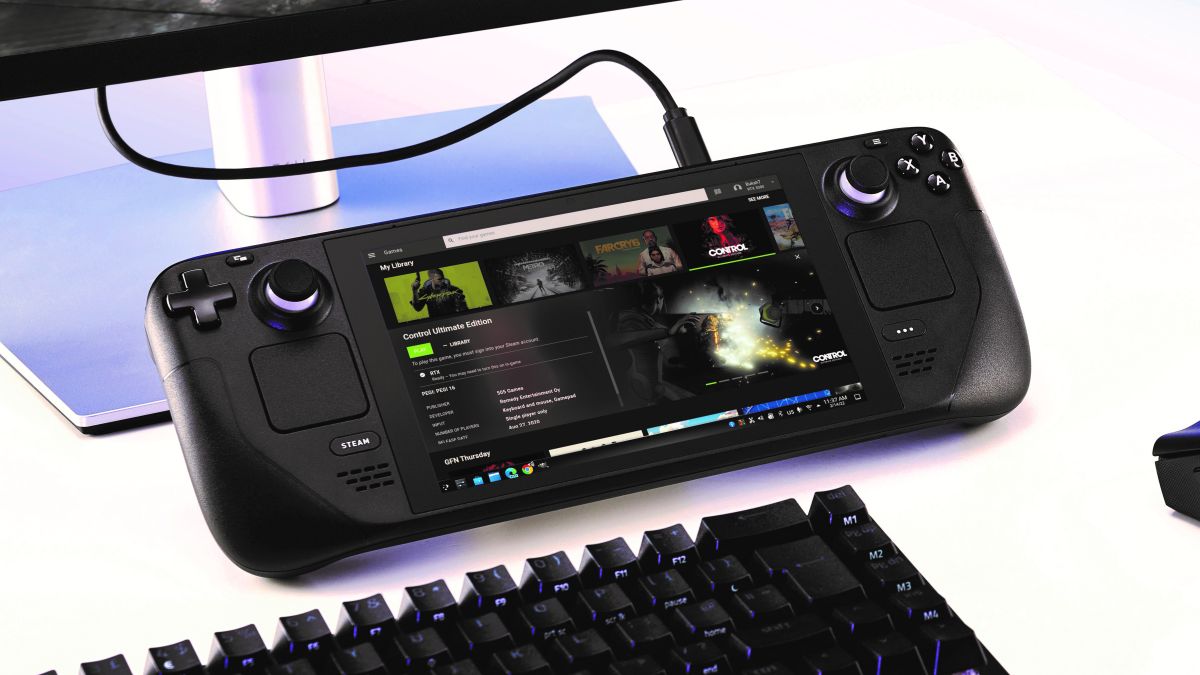 The Steam Deck in Desktop Mode with desktop peripherals plugged in