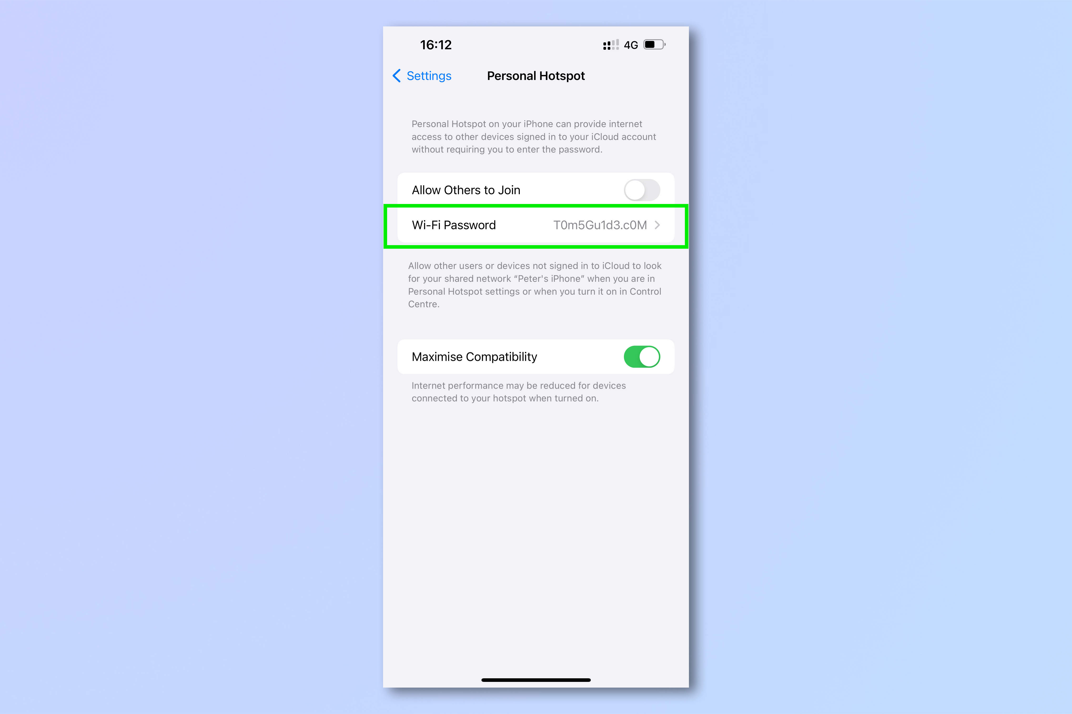 iPhone'da kişisel bir Wi-Fi erişim noktası kurmak için iPhone ayarlarında ve Kişisel Erişim Noktası ayarlarında gerekli adımları gösteren bir ekran görüntüsü