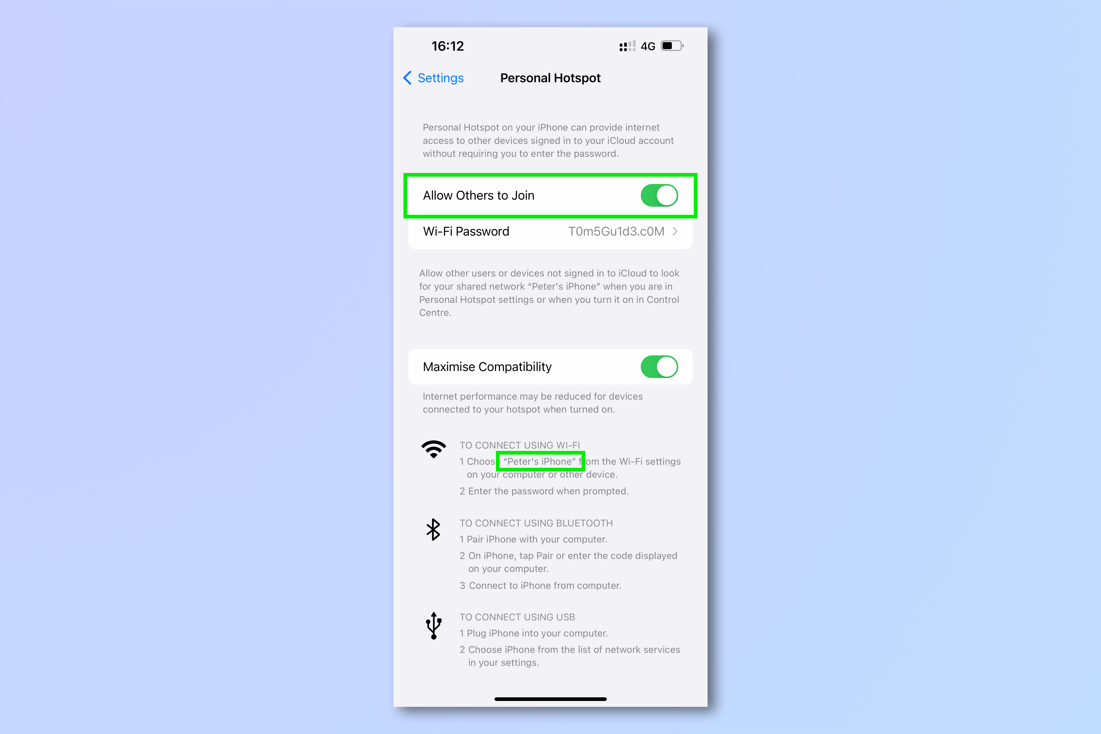 iPhone'da kişisel bir Wi-Fi erişim noktası kurmak için iPhone ayarlarında ve Kişisel Erişim Noktası ayarlarında gerekli adımları gösteren bir ekran görüntüsü