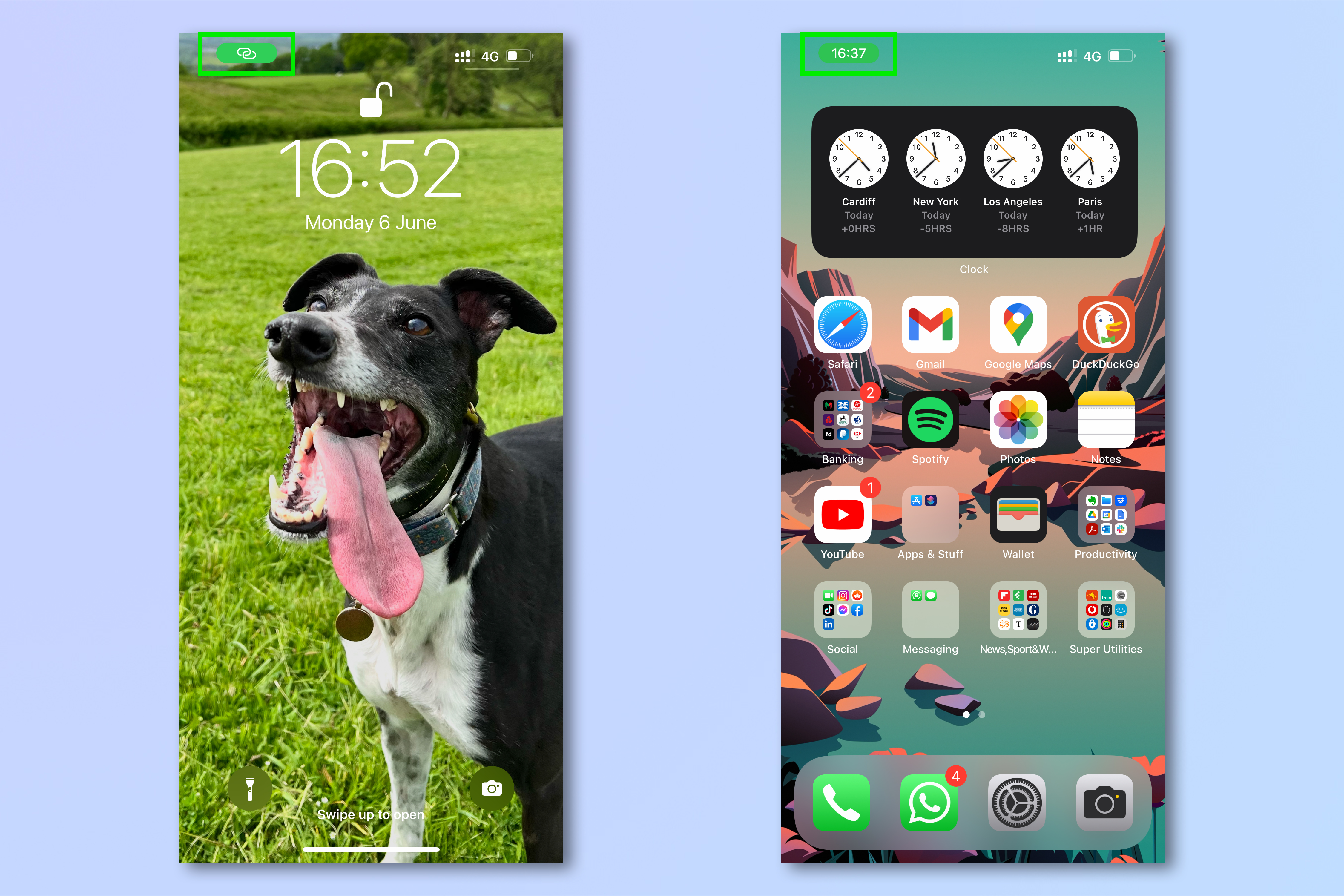Bir cihazın bir iPhone'un kişisel erişim noktasına bağlı olduğunu gösteren yeşil çubukları gösteren ekran görüntüleri