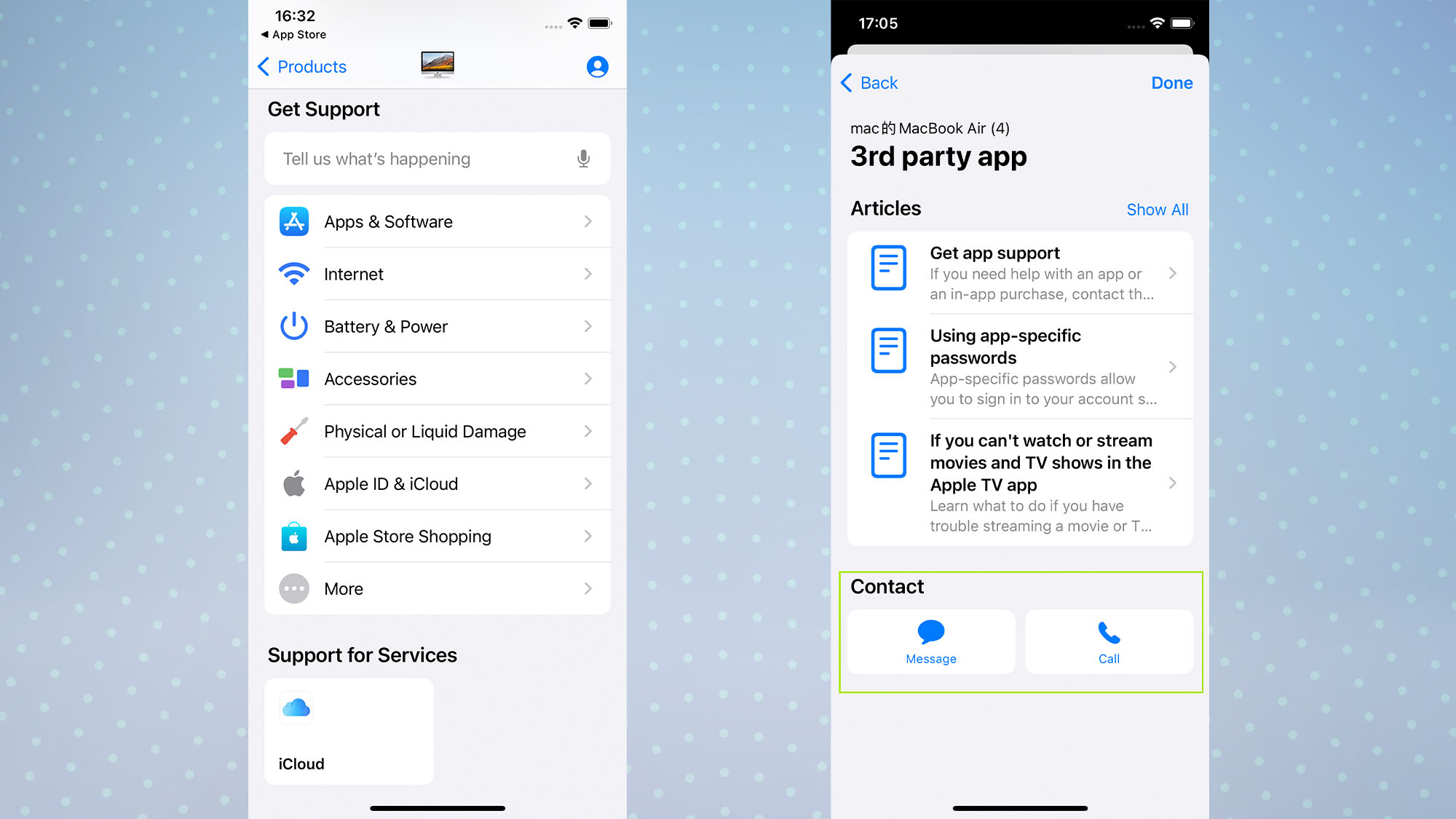 Genius Bar randevusunun nasıl alınacağını gösteren iOS 15 Apple Destek uygulaması